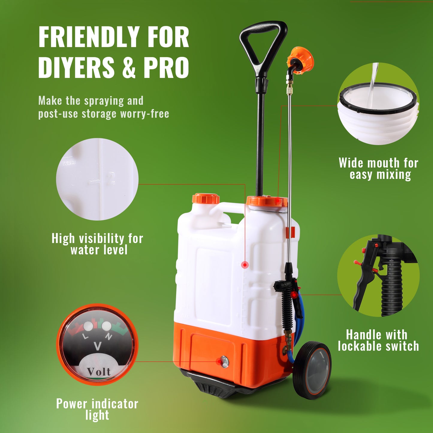 VEVOR 4-Gallon Battery-Powered Backpack Sprayer with Cart, Adjustable Pressure 0-94 PSI, Includes 8 Nozzles and 2 Wands, 12V 7.2Ah Battery, Wide Mouth Lid for Versatile Weeding, Spraying, and Cleaning