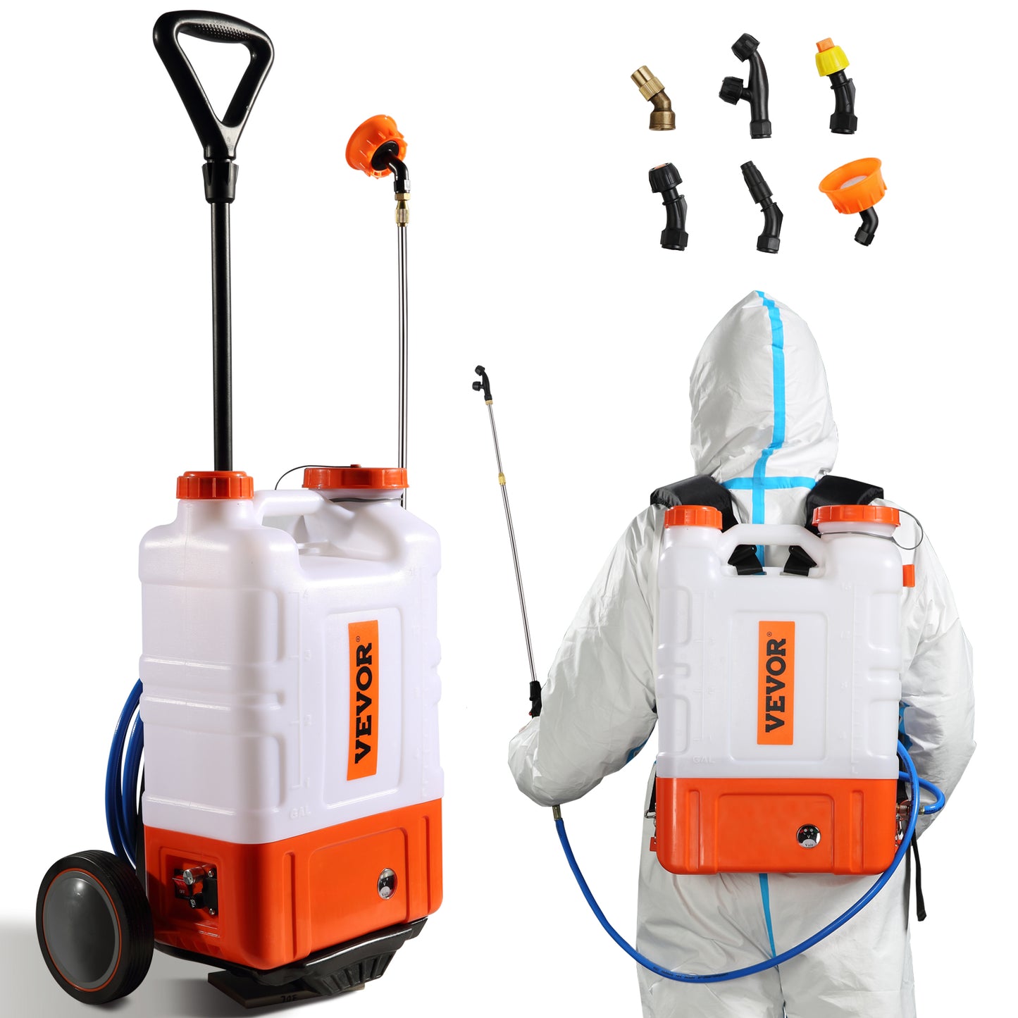 VEVOR 4-Gallon Battery-Powered Backpack Sprayer with Cart, Adjustable Pressure 0-94 PSI, Includes 8 Nozzles and 2 Wands, 12V 7.2Ah Battery, Wide Mouth Lid for Versatile Weeding, Spraying, and Cleaning