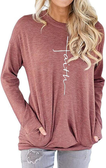 Women'S Casual Faith Printed round Neck Sweatshirt T-Shirts Tops Blouse with Pocket