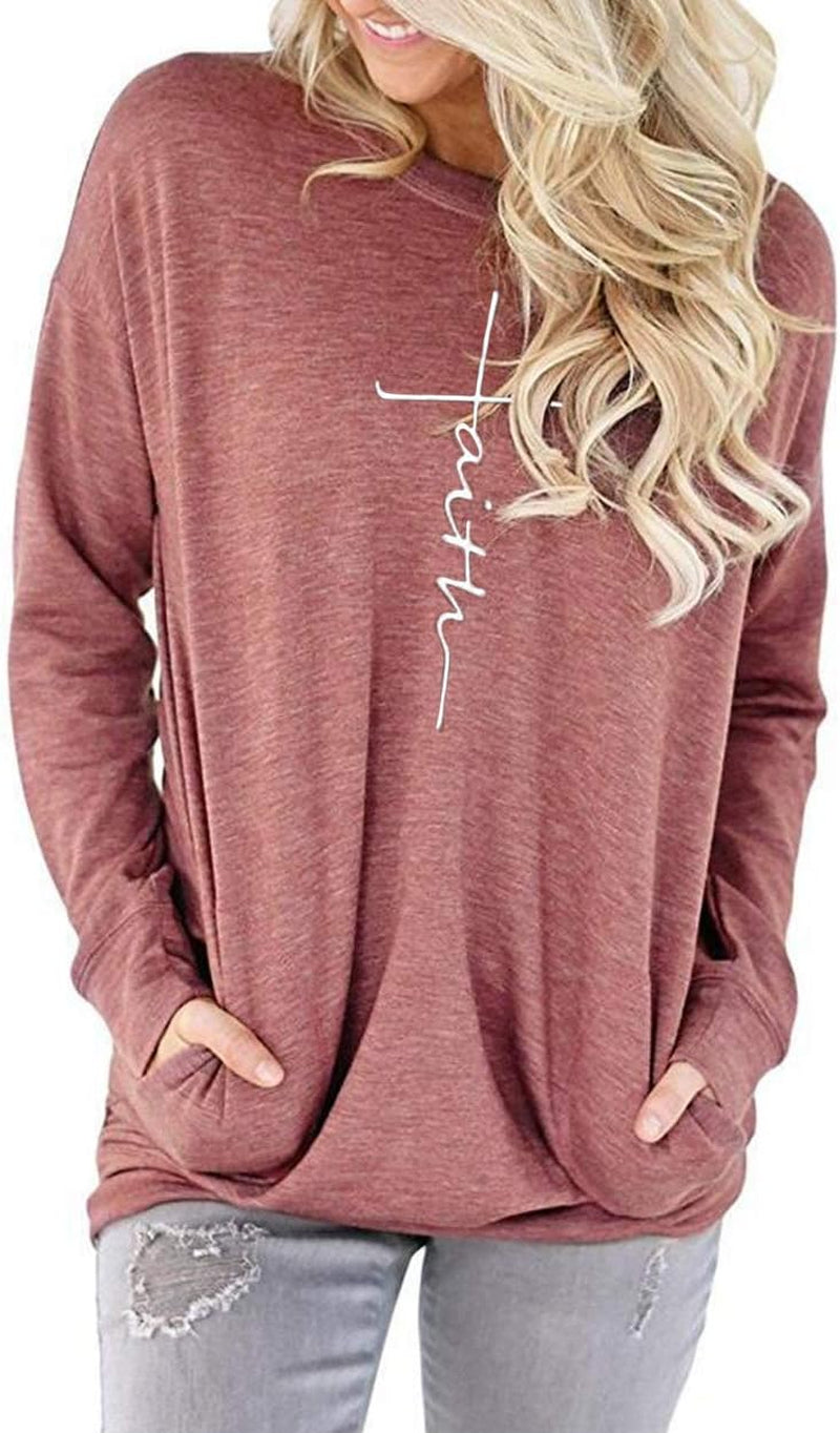 Women'S Casual Faith Printed round Neck Sweatshirt T-Shirts Tops Blouse with Pocket